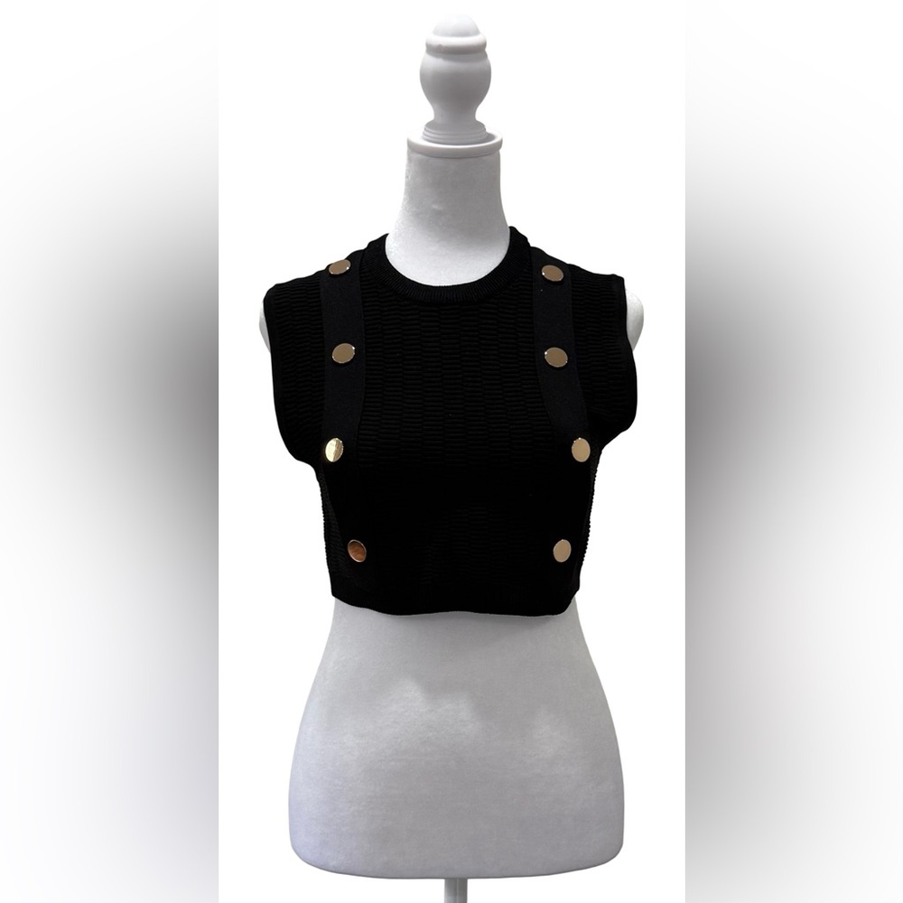 NWT Zara black textured crop top vest  with gold buttons size medium.